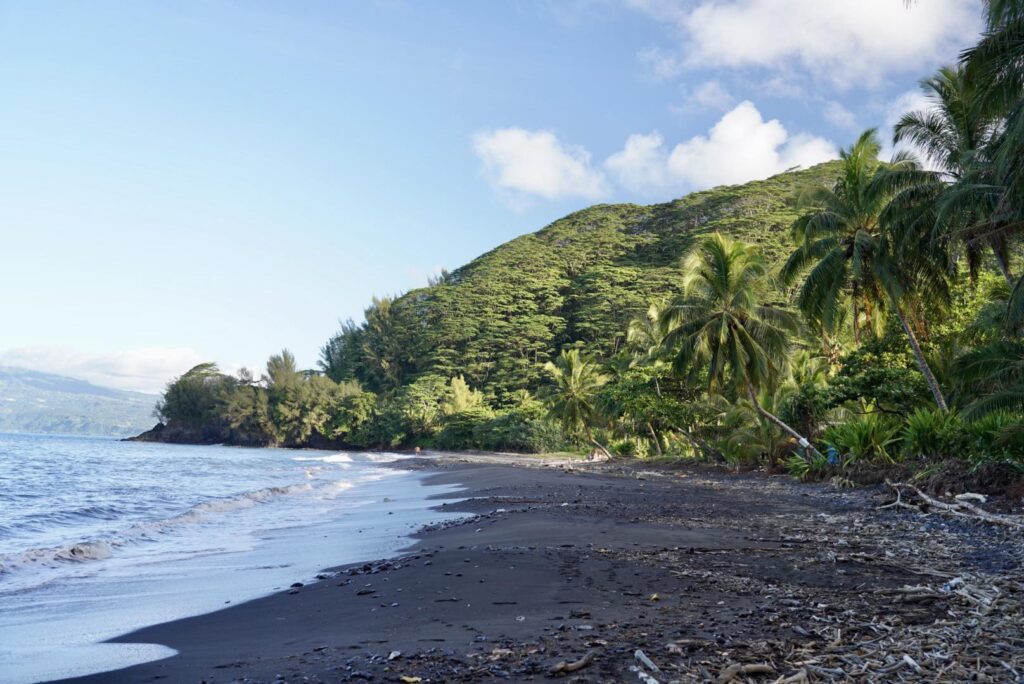 Plage de sable noir de Rua Ohiti à Tahiti avec cocotiers et côte sauvage