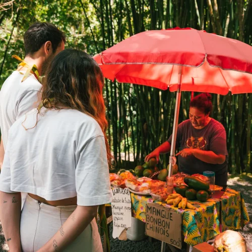 Stand de fruits locaux dans la vallée des Trois Cascades à Tahiti