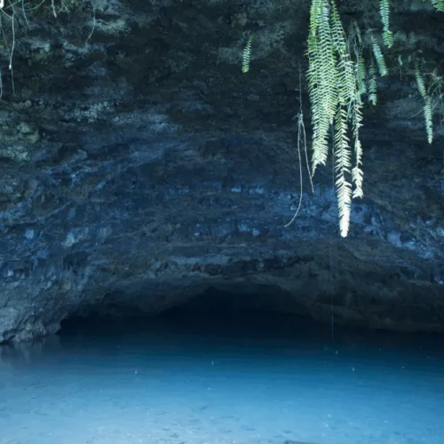 Grotte de Maraa à Tahiti avec eau bleue et paroi rocheuse couverte de fougères